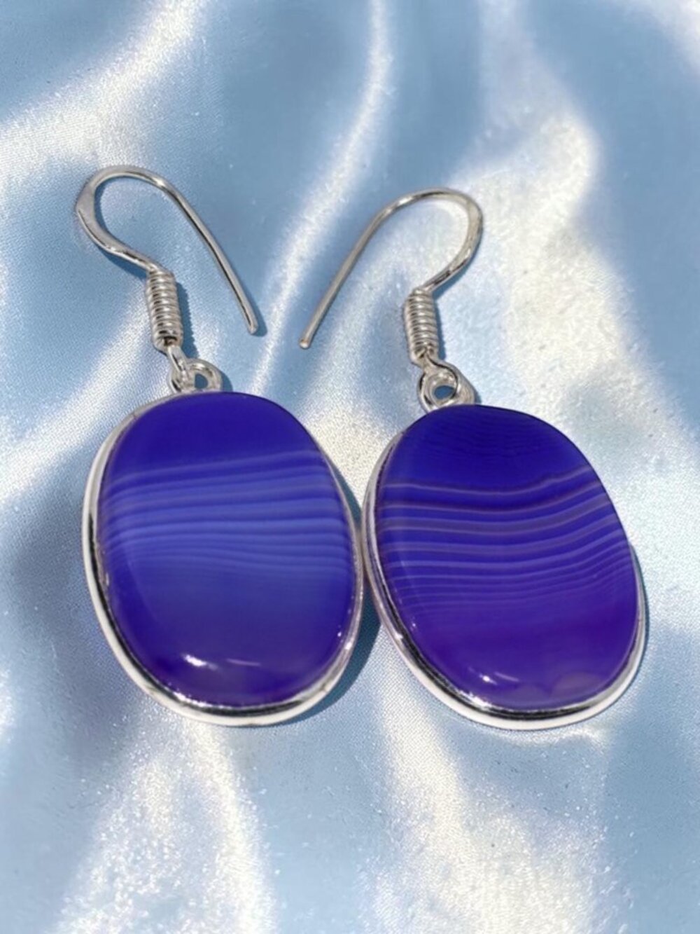 Handcrafted Botswana Agate 925 Silver Plated Gemstone Earrings 2"